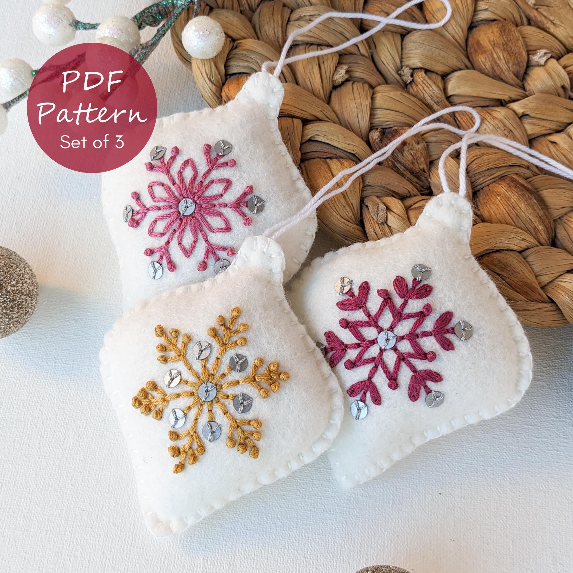 クリスマスフェルトオーナメントセット：手刺繍PDFパターン（デジタル