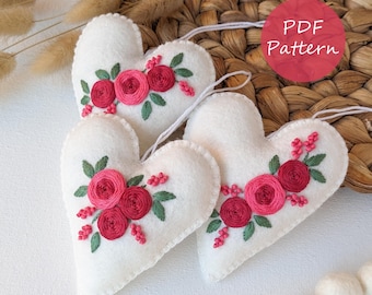 Felt Heart Ornaments Embroidery Pattern: Red and Pink Roses, Set of 3 (PDF Pattern)