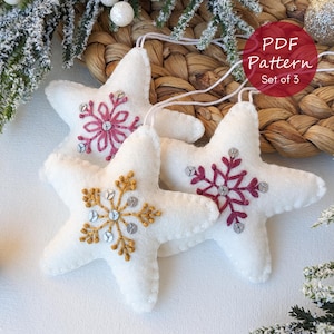 Felt Star Christmas Ornaments (Set of 3) - Hand Embroidery PDF Pattern Video tutorial