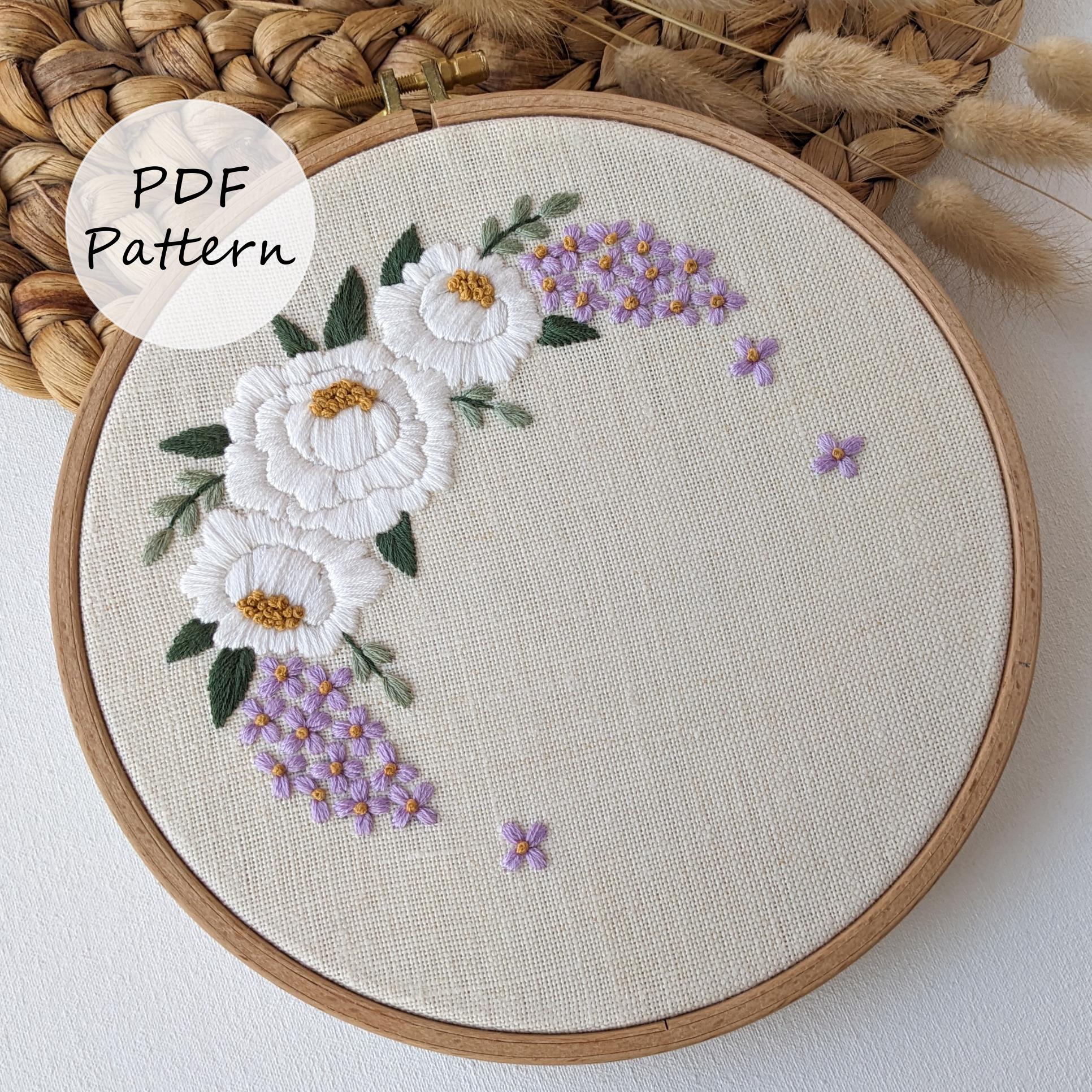 PDF pattern – Peony and lilac wreath – Embroidery pattern 8" (20 cm) with YouTube tutorials