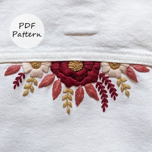 PDF pattern – Burgundy peony denim jacket – Embroidery pattern with YouTube tutorial