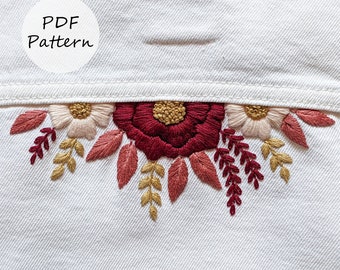 PDF pattern – Burgundy peony denim jacket – Embroidery pattern with YouTube tutorial