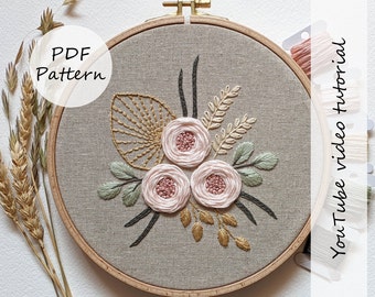 PDF pattern – Boho flower bouquet – Embroidery pattern 8" (20 cm) with YouTube tutorials