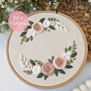 White and Pink Rose Wreath Embroidery Pattern: Floral Design,  8" Hoop (PDF Pattern)
