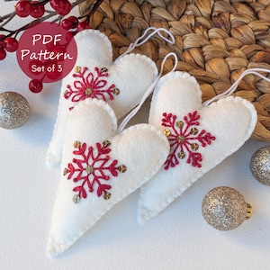 Felt Heart Christmas Ornaments (Set of 3) - Hand Embroidery PDF Pattern Video tutorial
