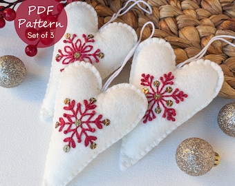 Felt Heart Christmas Ornaments (Set of 3) - Hand Embroidery PDF Pattern Video tutorial
