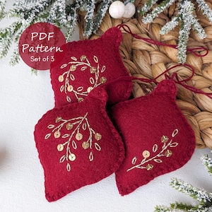 Hand Embroidery PDF Pattern – Red & Gold Felt Christmas Ornaments - Set of 3