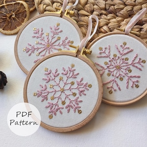 Rose Gold Snowflakes Embroidery Pattern: Set of 3 Christmas Ornaments (PDF Pattern) 4&quot; Hoop