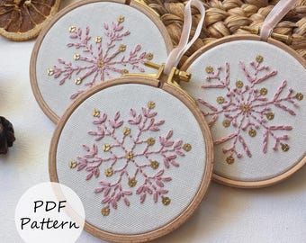 Rose Gold Snowflakes Embroidery Pattern: Set of 3 Christmas Ornaments (PDF Pattern) 4&quot; Hoop
