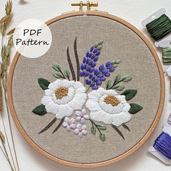 Floral Embroidery Pattern: Wild Lupine & Peony Bouquet 8