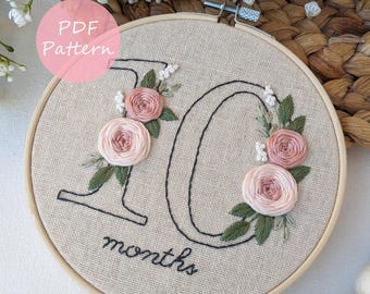 Floral Numbers Embroidery Pattern: Baby Milestone Set 6" Hoop (PDF Pattern)