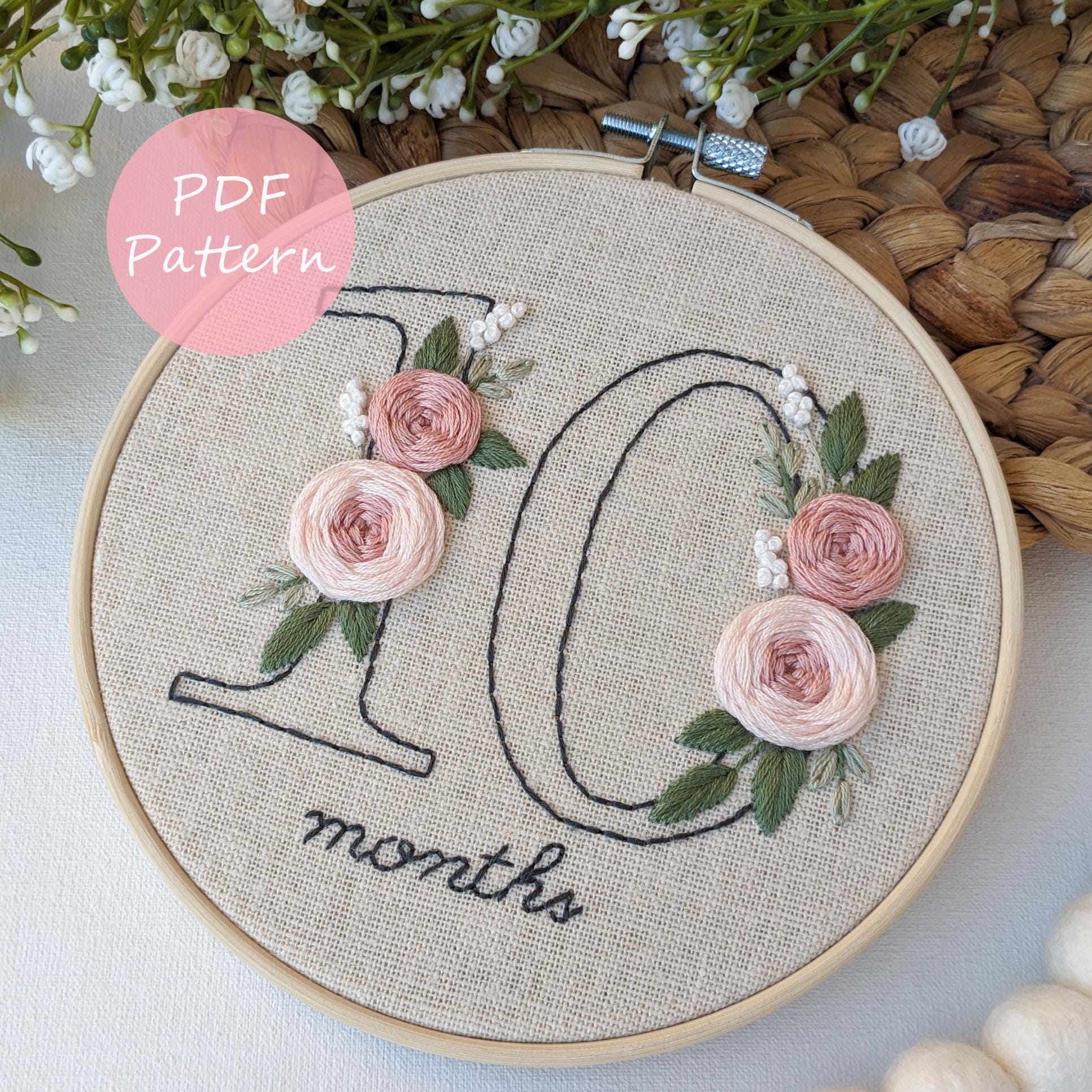 花の数字刺繍パターン：ベビーマイルストーンセット 6インチフープ