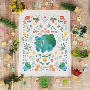 Kanto: Grass Starter Art Print | Cute Scandinavian Wall Art | Nerdy Video Game Decor