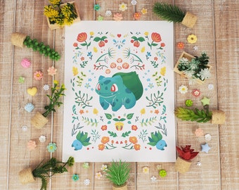 Kanto: Grass Starter Art Print | Cute Scandinavian Wall Art | Nerdy Video Game Decor