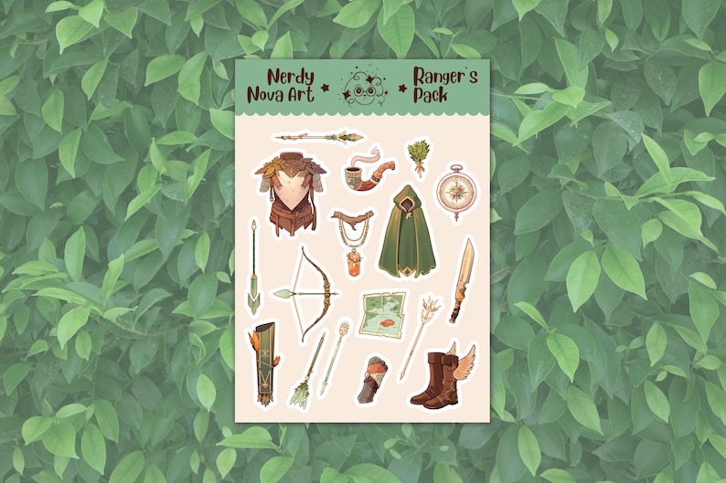 May include: A set of 15 stickers featuring illustrations of ranger gear, including a leather jerkin, a pipe, a cloak, a compass, a bow and arrow, a quiver, a map, a sword, a staff, a potion, a pair of boots, and other items. The stickers are on a beige background with the text "Nerdy Nova Art" and "Ranger's Pack" at the top.