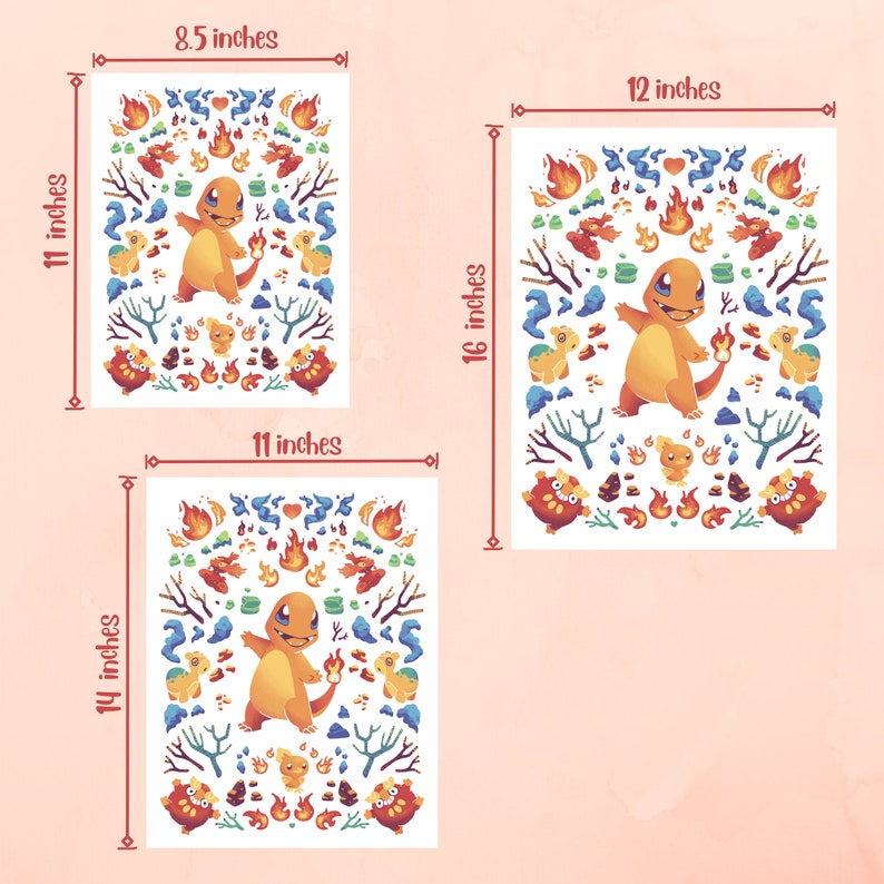 May include: Three different sizes of prints featuring a cartoon character with orange and yellow flames and a red heart. The character is surrounded by smaller flames, hearts, and other symbols. The prints are 8.5 inches by 11 inches, 11 inches by 14 inches, and 12 inches by 16 inches.