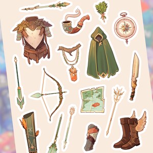 May include: A set of 12 illustrated stickers featuring various fantasy and nature-themed items, including a compass, a pipe, a cloak, a bow and arrow, a necklace, a map, a sword, a quiver, a staff, a pair of boots, and a leafy branch. The stickers are all white with a black outline.