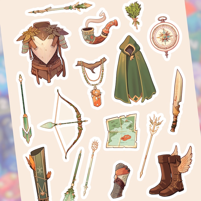May include: A set of 12 illustrated stickers featuring various fantasy and nature-themed items, including a compass, a pipe, a cloak, a bow and arrow, a necklace, a map, a sword, a quiver, a staff, a pair of boots, and a leafy branch. The stickers are all white with a black outline.