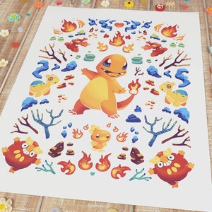 May include: A colorful illustration of a cartoon fire-type Pokemon, Charizard, surrounded by flames, rocks, and other fire-type Pokemon.