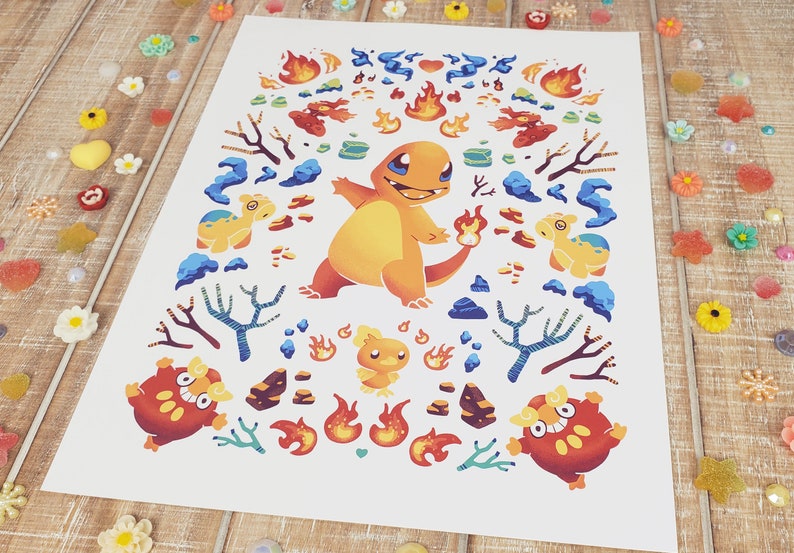 May include: A colorful illustration of a cartoon fire-type Pokemon, Charizard, surrounded by flames, rocks, and other fire-type Pokemon.