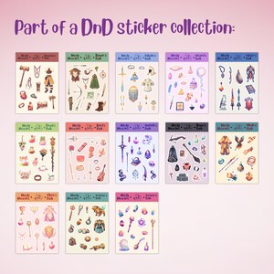 May include: A set of 10 digital sticker sheets featuring various Dungeons and Dragons themed illustrations. Each sheet has a different theme, such as "Cleric's Pack", "Bard's Pack", and "Ranger's Pack". The stickers feature a variety of fantasy characters, items, and creatures.
