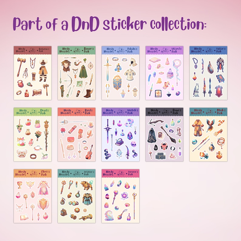 May include: A set of 10 digital sticker sheets featuring various Dungeons and Dragons themed illustrations. Each sheet has a different theme, such as "Cleric's Pack", "Bard's Pack", and "Ranger's Pack". The stickers feature a variety of fantasy characters, items, and creatures.