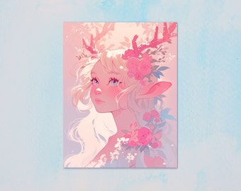 May include: A digital illustration of a woman with long blonde hair and pink cheeks. She is wearing a crown of pink roses and has antlers. The background is a soft pink and blue.