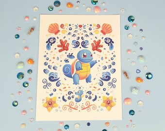 Kanto: Water Starter Art Print | Cute Scandinavian Wall Art | Nerdy Video Game Decor