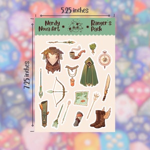 May include: A set of 14 stickers featuring illustrations of ranger-themed items, including a bow and arrow, a compass, a cloak, a quiver, and a pipe. The stickers are printed on white paper and measure 7.25 inches by 5.25 inches. The text "Nerdy Nova Art" and "Ranger's Pack" is printed at the top of the sheet.