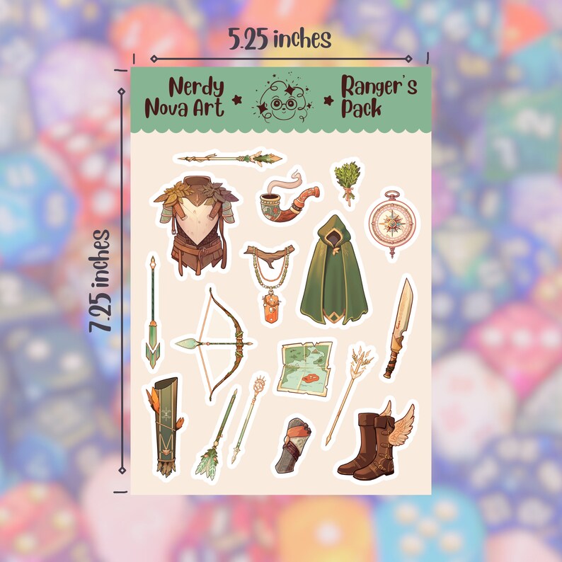 May include: A set of 14 stickers featuring illustrations of ranger-themed items, including a bow and arrow, a compass, a cloak, a quiver, and a pipe. The stickers are printed on white paper and measure 7.25 inches by 5.25 inches. The text "Nerdy Nova Art" and "Ranger's Pack" is printed at the top of the sheet.