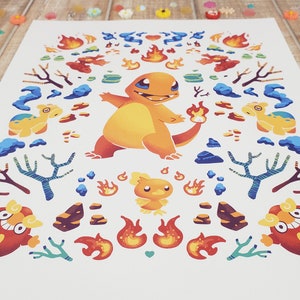 May include: A colorful print featuring a cartoon fire-type Pokemon, Charmander, surrounded by flames, rocks, and other fire-type Pokemon. The print is on a white background.