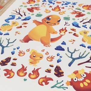 May include: A colorful illustration of a cartoon fire-type Pokemon, Charmander, surrounded by flames, rocks, and trees. The background is white.