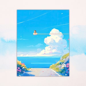 Könnte beinhalten: Ein digitales Gemälde einer Straße, die zu einem blauen Meer führt, mit einer großen weißen Wolke am Himmel. Eine kleine Figur sitzt in der Ferne auf einer Wolke.