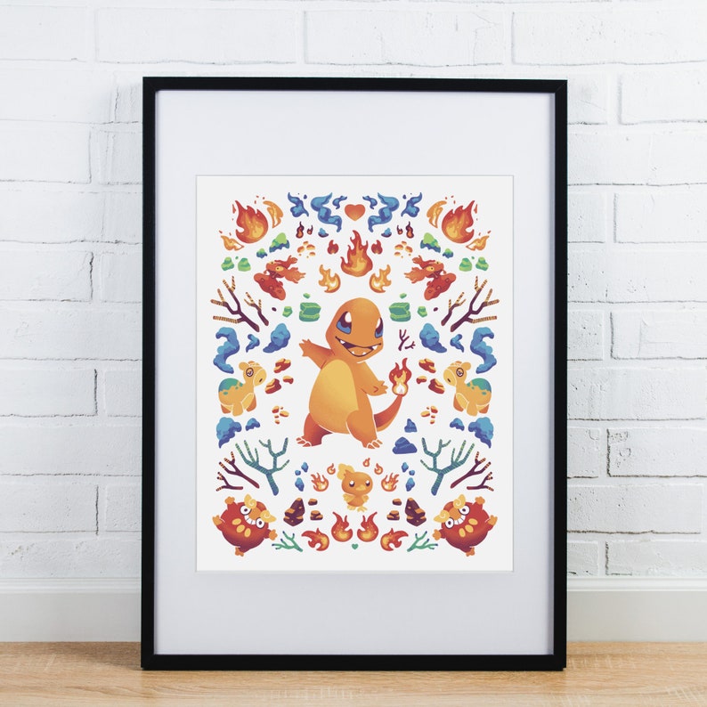 May include: A framed print featuring a cartoon illustration of a fire-type Pokemon, Charmeleon, surrounded by flames, rocks, and other fire-type Pokemon elements. The print has a white background and a black frame.
