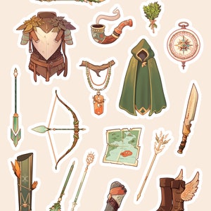 May include: A set of 12 illustrated stickers featuring fantasy and adventure themed items, including a compass, a hooded cloak, a bow and arrow, a pipe, a necklace, a sword, a quiver, a map, a staff, a pair of boots, and a piece of armor.
