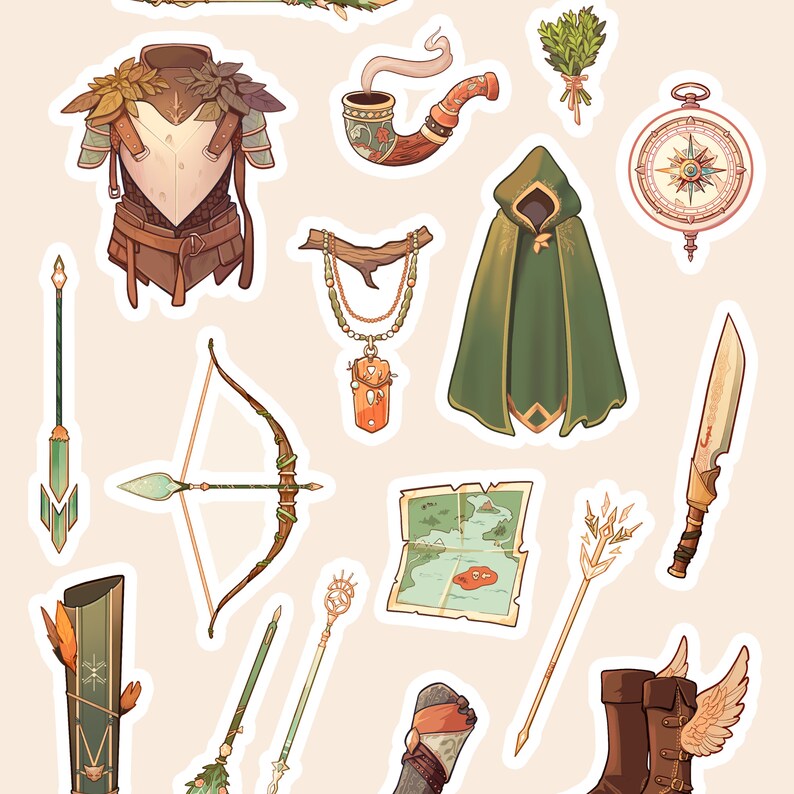 May include: A set of 12 illustrated stickers featuring fantasy and adventure themed items, including a compass, a hooded cloak, a bow and arrow, a pipe, a necklace, a sword, a quiver, a map, a staff, a pair of boots, and a piece of armor.