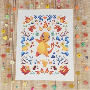May include: A white background with a colorful illustration of a cartoon character surrounded by flames and other symbols. The character is orange and yellow with a red tongue and a blue eye. The background is filled with red, orange, yellow, blue, and green colors.