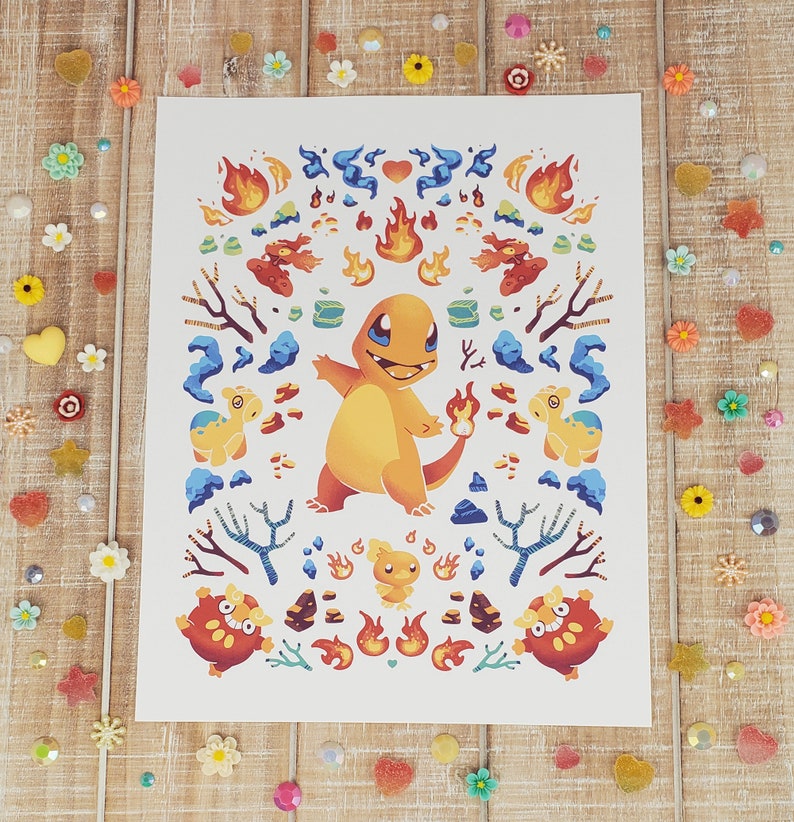 May include: A white background with a colorful illustration of a cartoon character surrounded by flames and other symbols. The character is orange and yellow with a red tongue and a blue eye. The background is filled with red, orange, yellow, blue, and green colors.