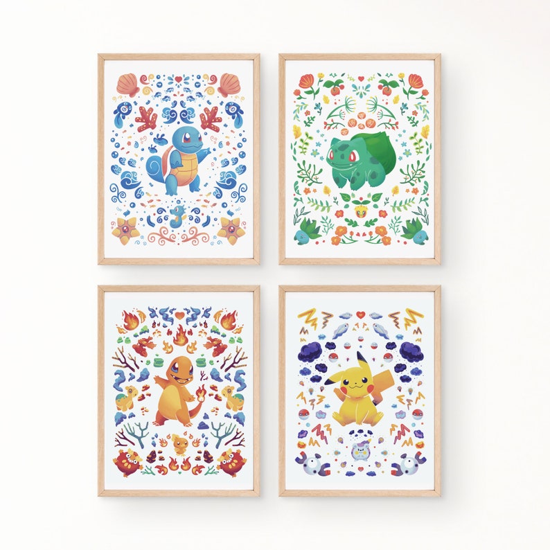 May include: Four framed prints featuring Pokemon characters surrounded by colorful floral and geometric patterns. The prints are in a light wood frame and have a white background.