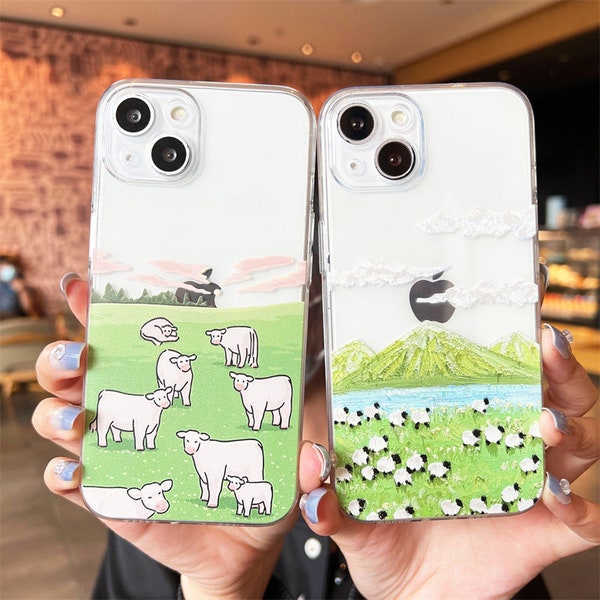 Oil painting ranch cattle and sheep phone case iPhone 14 13 12 11 ProMax case iPhone 13Mini case iPhone XsMax XR iPhone 7 8 14Plus SE Case