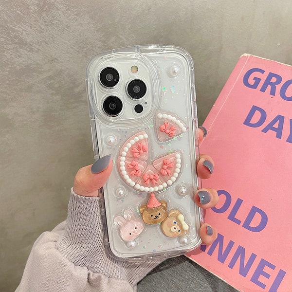 Korean-style drip rubber pearl cute bear phone case for iPhone14ProMax/iphone13Pro Clear phone case iPhone12ProMax/iphone11 case Cute Gifts
