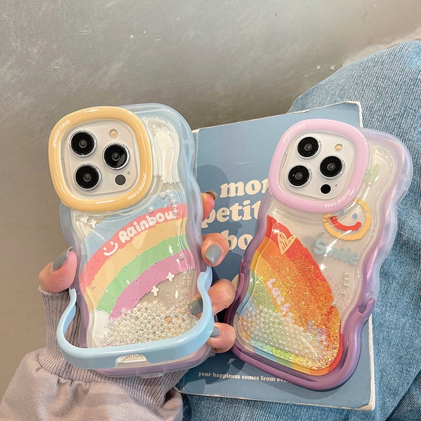 Niedliche Treibsand Regenbogen Smiley Handyhülle mit Stand iPhone 14 Pro Max 13 12 11 XR XS X XsMax 7 8 Plus SE2020 iPhone 14Case iPhone Case Geschenk