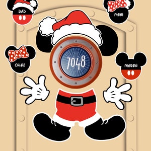 Disney Cruise Door Magnets Mickey Mouse Santa w/ personlized Mickey and Minnie magnets for family. Real Die Cut Magnets, Not Laminated Paper