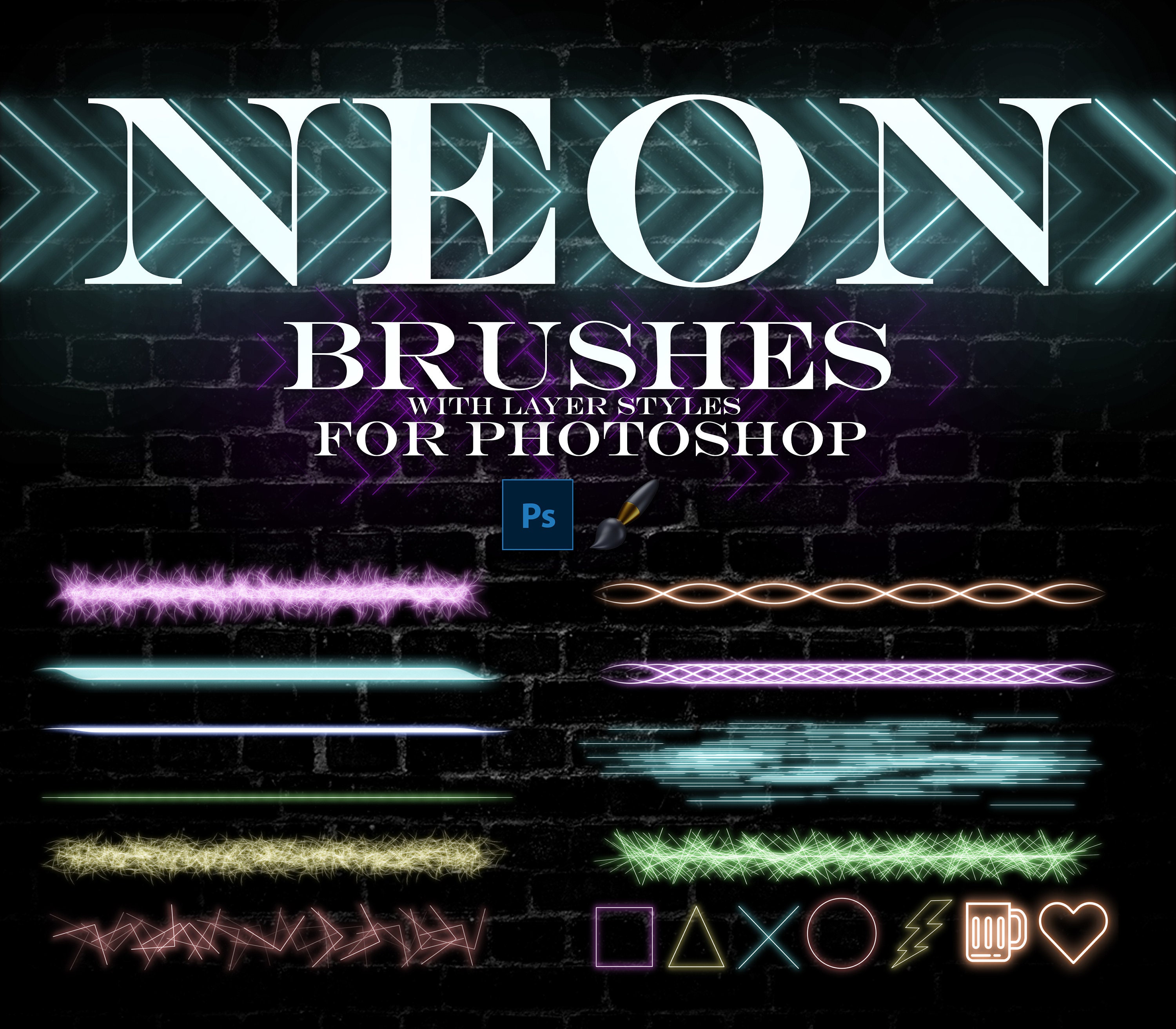 26 NEON BRUSHES, for With Layer Styles, Seamless Glowing