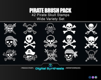 Pirate Skull Stamp Brushes for Photoshop Procreate & Affinity - 42 Skull and Crossbones Stamps - Wide Variety Pirate Icons - Digital Set