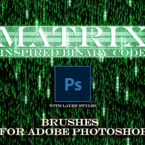 13 MATRIX BINAIRE BORSTELS, voor gebruik met Photoshop. Naadloze penseelset met hoge resolutie. Binaire vallende code geïnspireerd door de matrix.