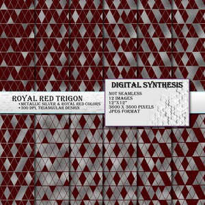 DIGITAL PAPER, royal red & metallic silver, trigon design, triangular patterns, geometric shapes