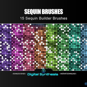 15 pinceles de lentejuelas para Photoshop, texturas brillantes de alta resolución, paleta de colores y base PSD para diseños glamurosos, gráficos de moda y creaciones digitales.