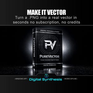 May include: A black software box for PureVector, a digital download product. The box features the text MAKE IT VECTOR, Turn a .PNG into a real vector in seconds no subscription, no credits, Digital Synthesis Studio, and Digital Synthesis.