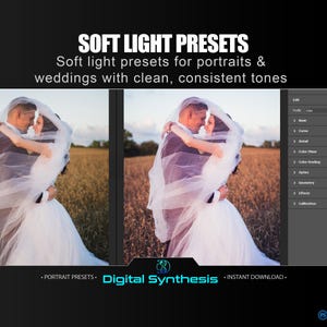 Voorinstellingen zacht licht portret Photoshop / Lightroom, 7 XMP-filters voor bruiloften, lifestylefotografie, strakke huidtinten en snelle batchbewerking